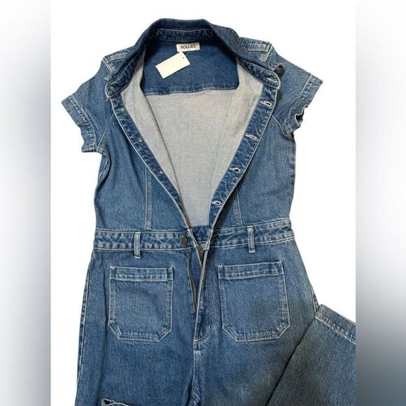 Rollas Sailor Denim Jumpsuit Women’s XL 14 NWT Wide Leg One Piece Short Sleeve - Picture 6 of 9